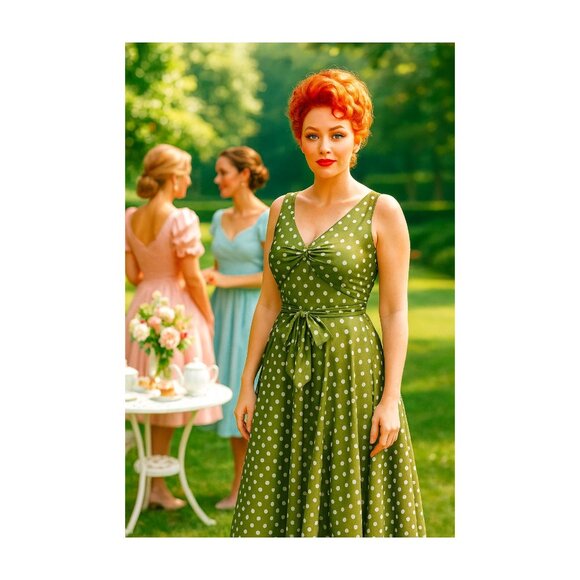 Vintage Style Green Polka Dot Tea Summer Dress – Night Way Size 8 - Picture 1 of 6